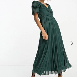 ASOS DESIGN pleated bodice flutter sleeve pleat midi dress in pine green